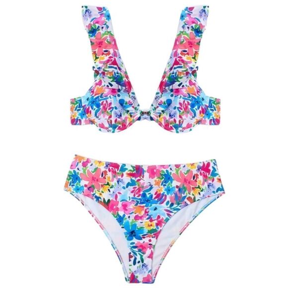 Floral Underwire Ruffle Plus Size Bikini - Picture 1 of 11